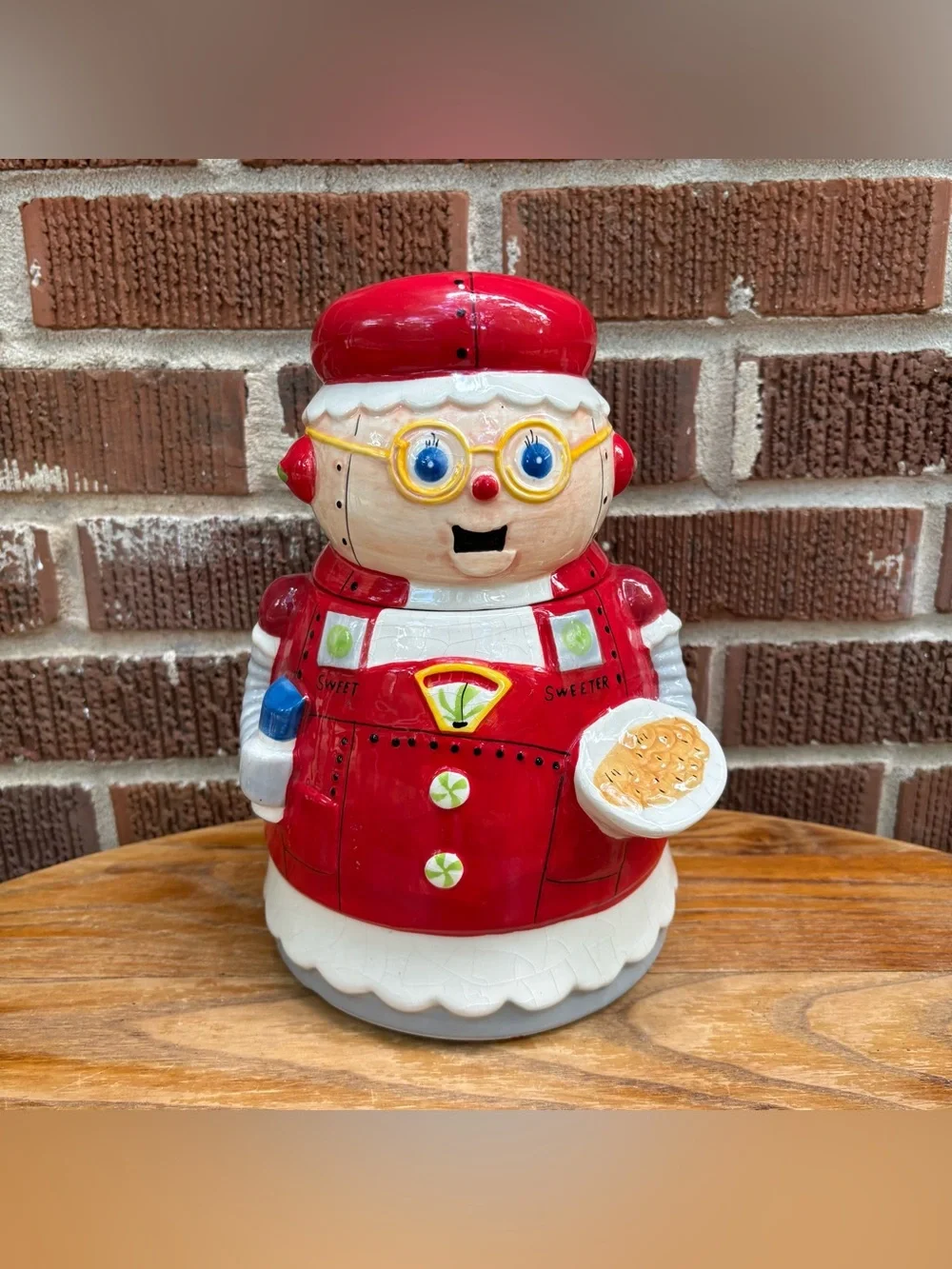 Sleigh Bell Bistro Vintage Ceramic Cookie Jar Robot Mrs Claus 10 in